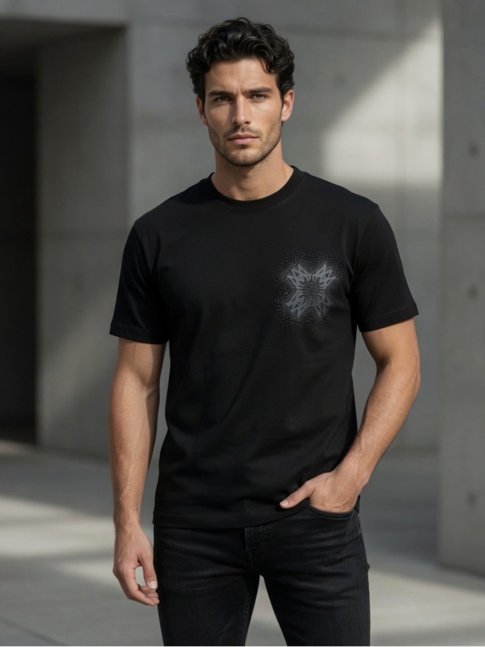 AMIRI Black T‑Shirt with Gray Graphic Sunburst Logo